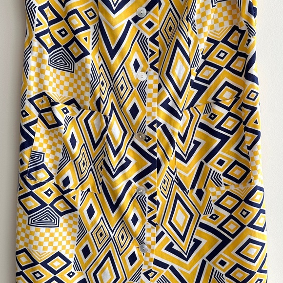 Jolida Vintage Geometric Button Front Dress, Yellow/Blue/White, Size Large - Picture 3 of 16